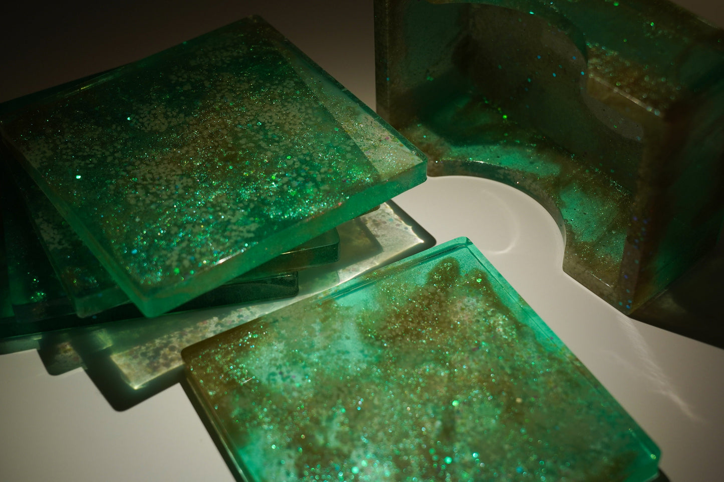 Glow in the Dark Green and Brown Coasters Epoxy Resin Duochrome Glitter