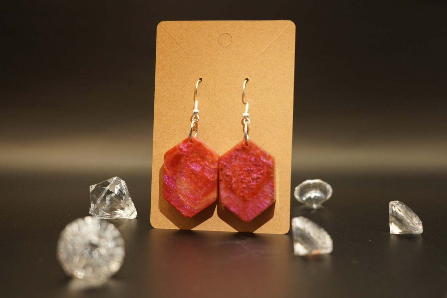 Hexagonal Red Pink Orange Yellow Chameleon Flake Handmade Epoxy Resin Earrings with Silver Hooks