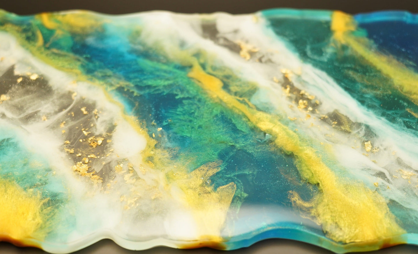 Handleless Tray Ocean Waves Beach Gold Leaf Metallic Gold Blue Teal Green White Clear Marble Epoxy Resin