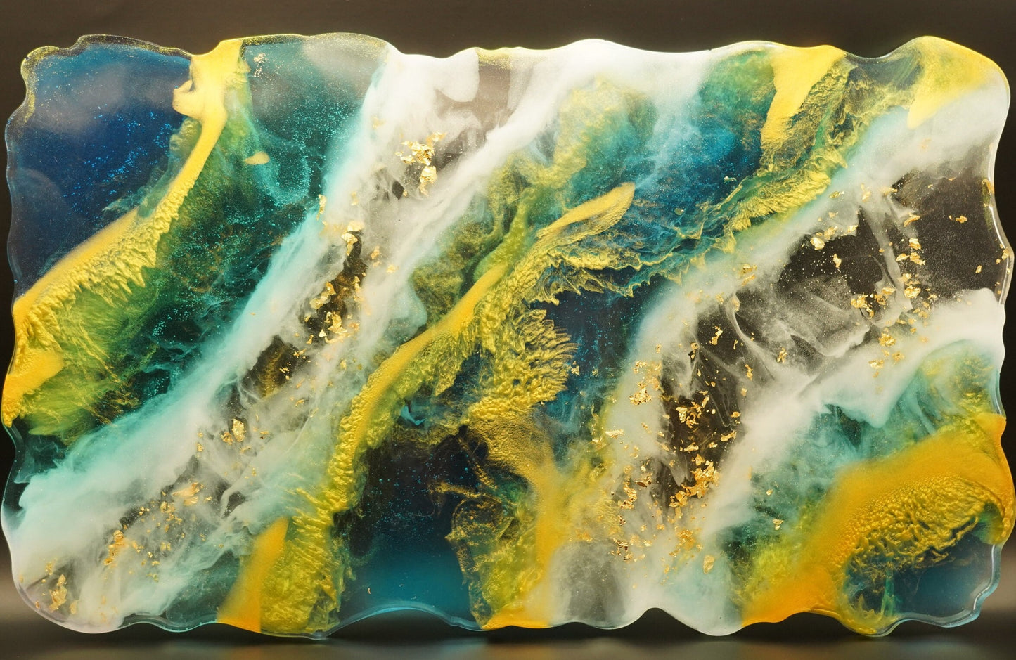 Handleless Tray Ocean Waves Beach Gold Leaf Metallic Gold Blue Teal Green White Clear Marble Epoxy Resin