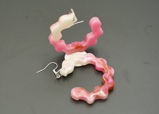 Squiggly Circle Red Pink Chameleon Flake Shimmering White Handmade Epoxy Resin Earrings with Silver Hooks