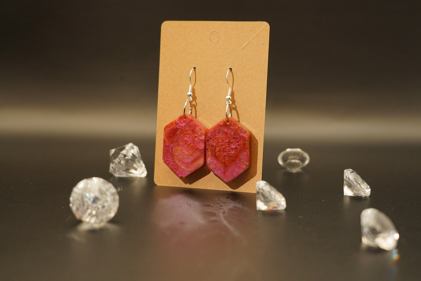 Hexagonal Red Pink Orange Yellow Chameleon Flake Handmade Epoxy Resin Earrings with Silver Hooks