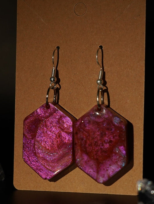 Hexagonal Red Pink Orange Yellow Chameleon Flake Handmade Epoxy Resin Earrings with Silver Hooks