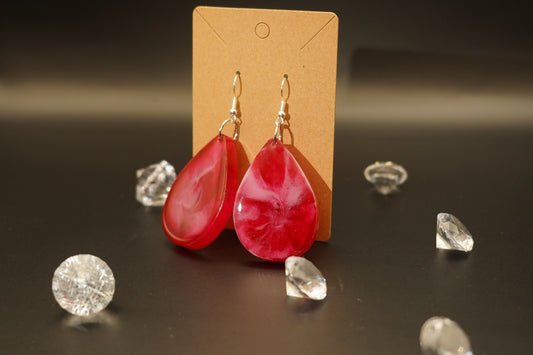 Teardrop Translucent Red and Opaque White Handmade Epoxy Resin Earrings with Silver Hooks