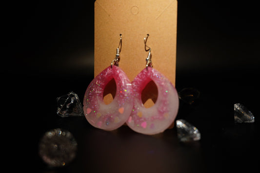 Teardrop with Negative Space Duochrome Pink Hearts and Shimmering White Handmade Epoxy Resin Earrings with Silver Hooks