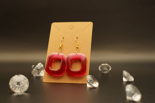 Square Translucent Red and Opaque White Handmade Epoxy Resin Earrings with Gold Hooks