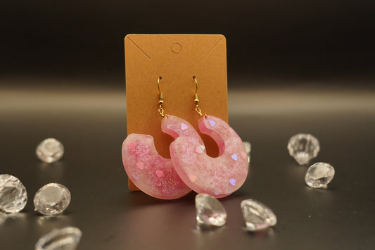 Circle with Negative Space Duochrome Metallic Shimmering Pink Hearts and White Handmade Epoxy Resin Earrings with Gold Hooks