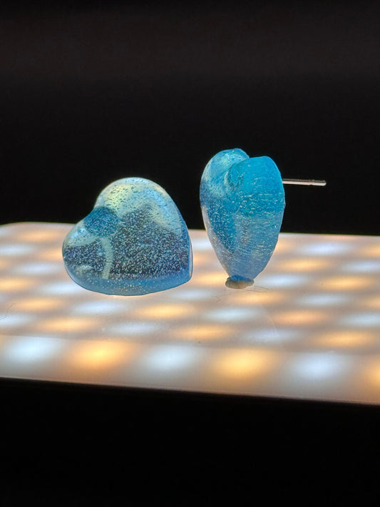 Small Translucent Ocean Blue Heart Stud Epoxy Resin Earrings with Silver Studs