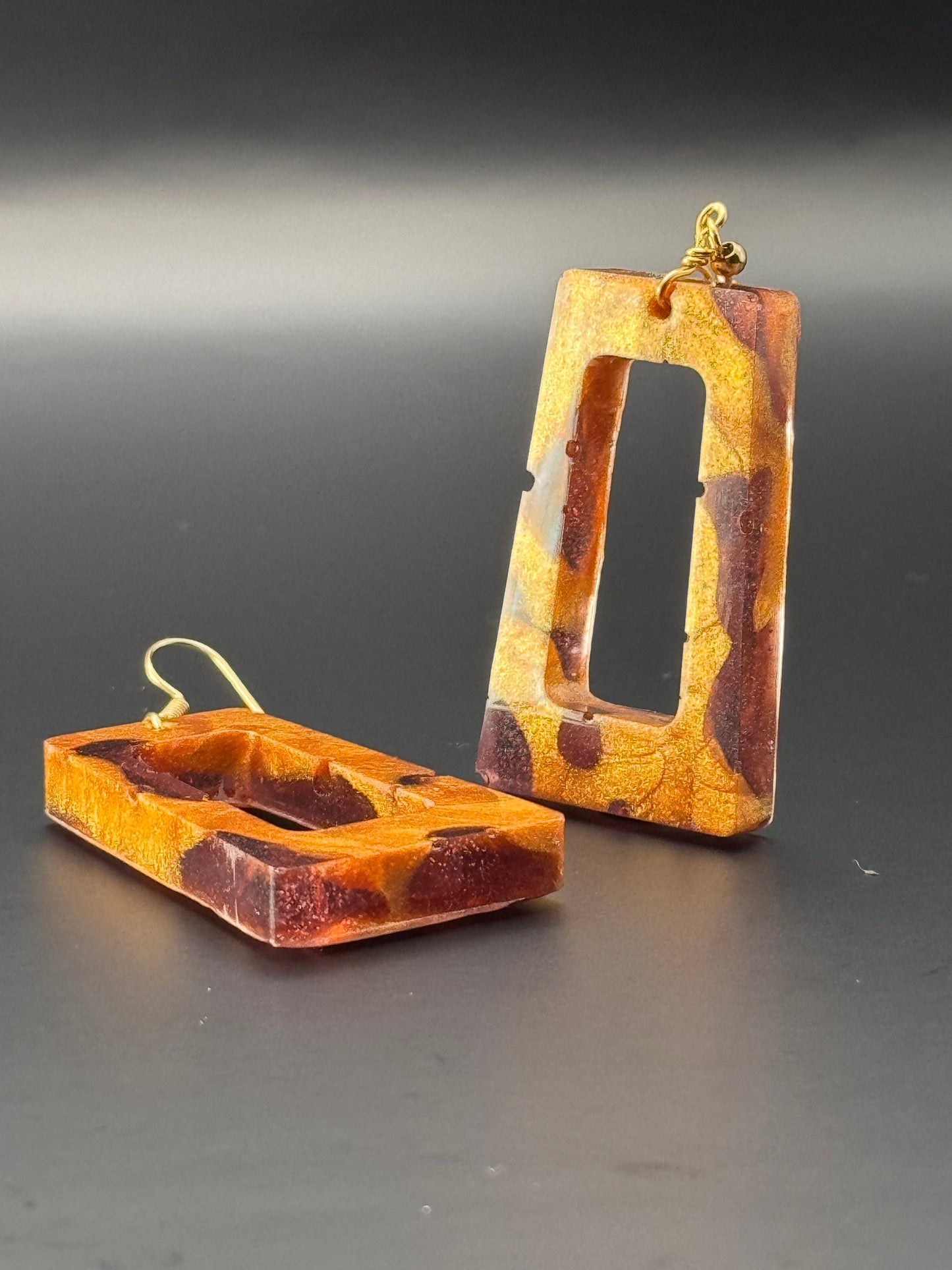 Hollow Rectangle with Translucent Purple & Metallic Gold Drop Epoxy Resin Earrings with Gold Hooks