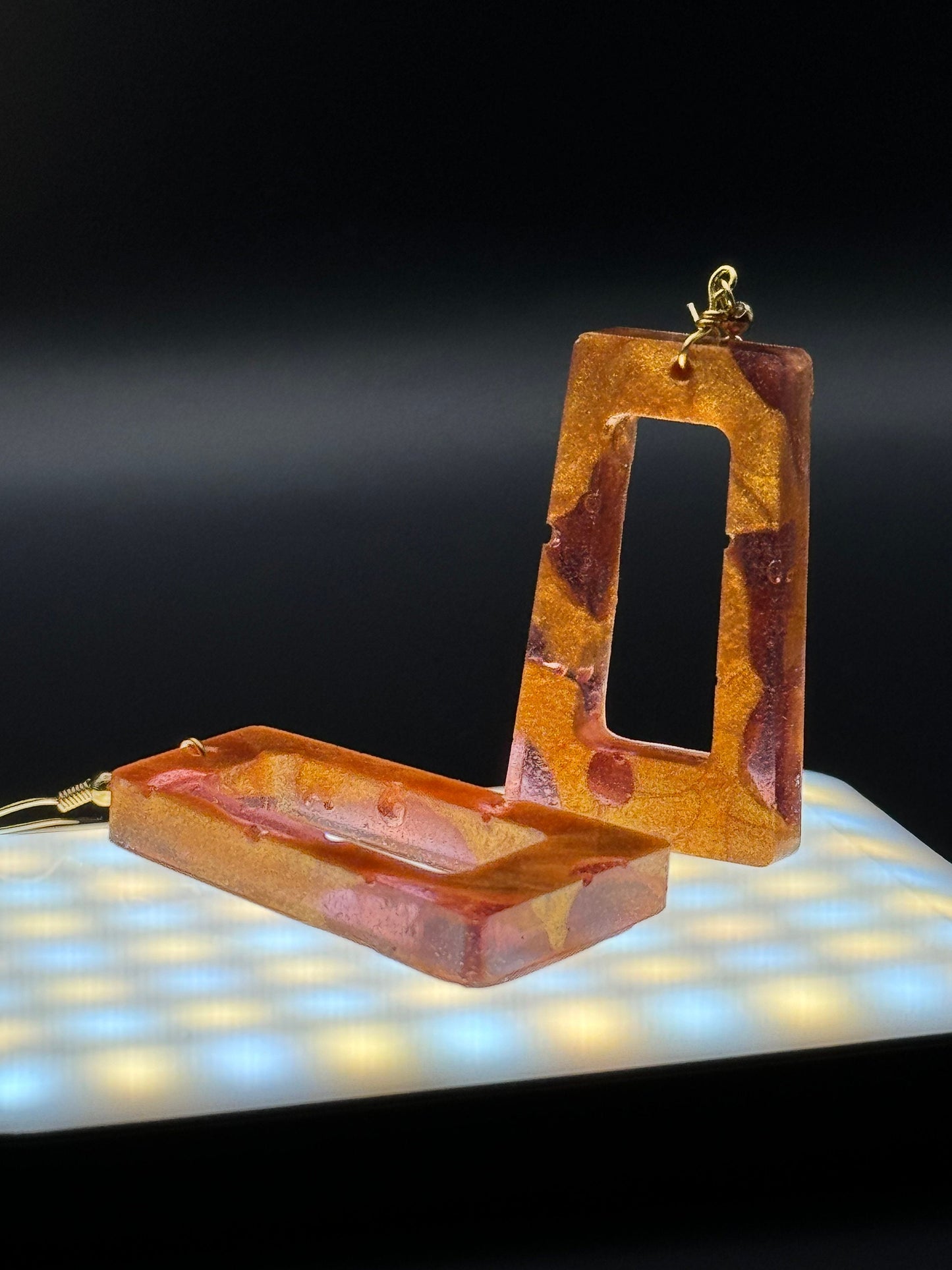 Hollow Rectangle with Translucent Purple & Metallic Gold Drop Epoxy Resin Earrings with Gold Hooks