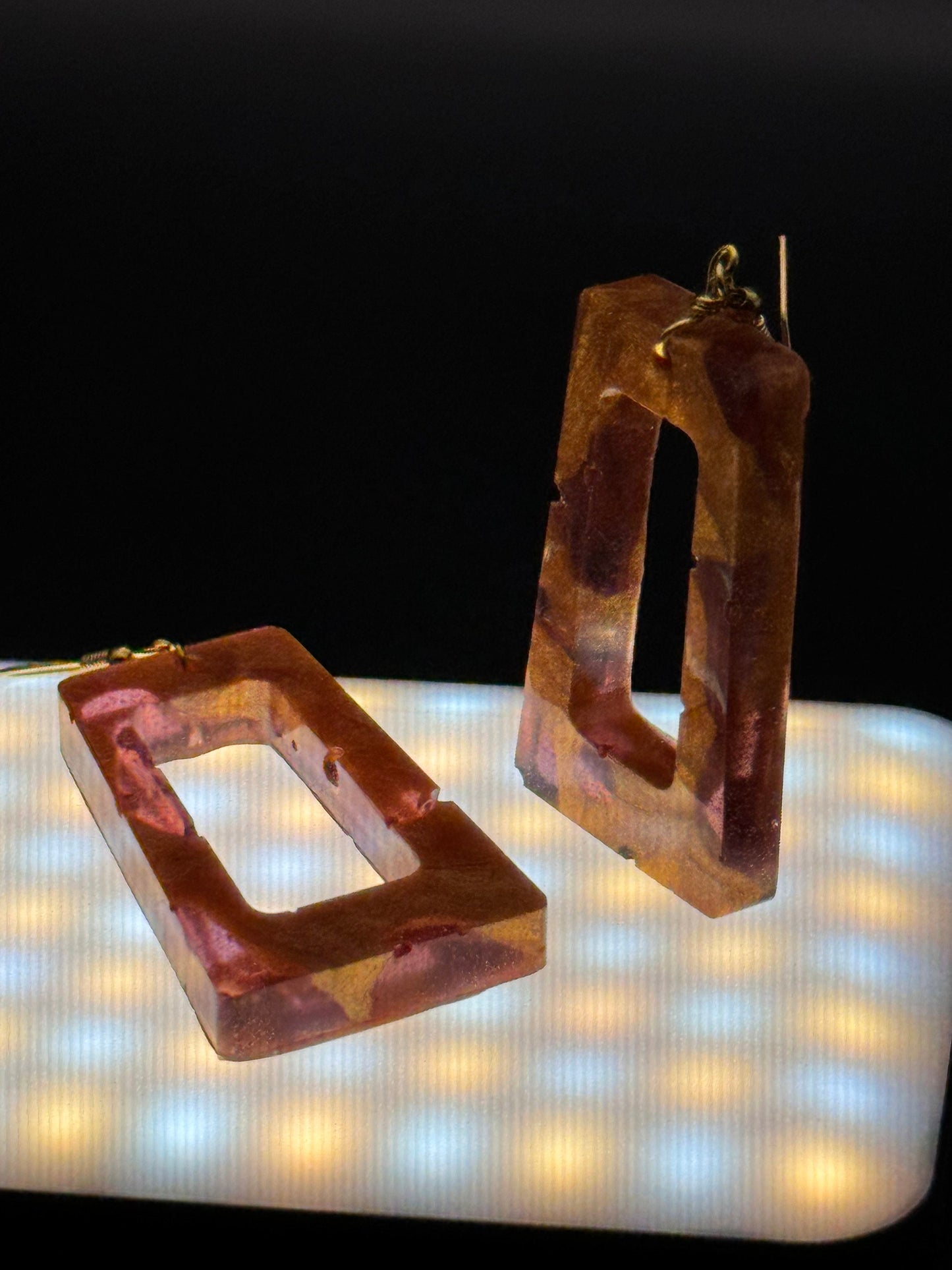 Hollow Rectangle with Translucent Purple & Metallic Gold Drop Epoxy Resin Earrings with Gold Hooks