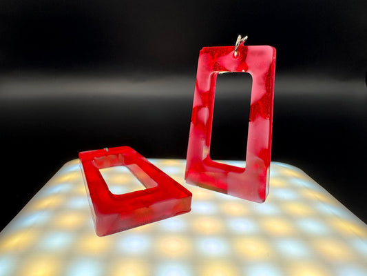 Red & White Cow Print Hollow Rectangle Drop Epoxy Resin Earrings with Silver Hooks