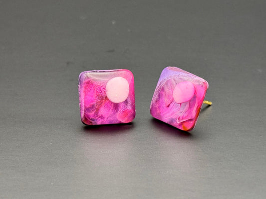 Small Pink White Spot Purple Rounded Square Petri Dish Stud Epoxy Resin Earrings with Gold Studs