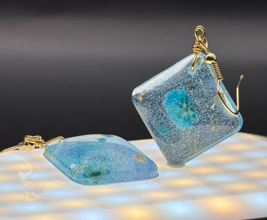 Translucent Blue Dehydrated Pressed Flower Gold Leaf Diamond Dangle Handmade Epoxy Resin Earrings with Gold Hooks