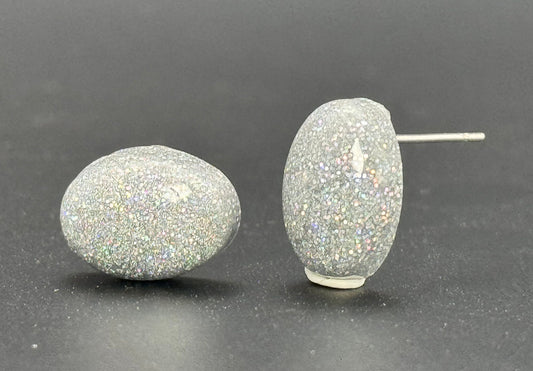 Small Silver Holographic Glitter Oval Stud Epoxy Resin Earrings with Silver Studs