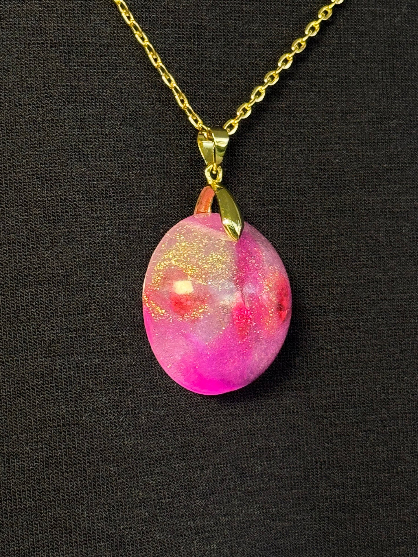 Red Dried Flowers Pink with Fine Gold Glitter Half Sphere Epoxy Resin Long Gold Chain Pendant