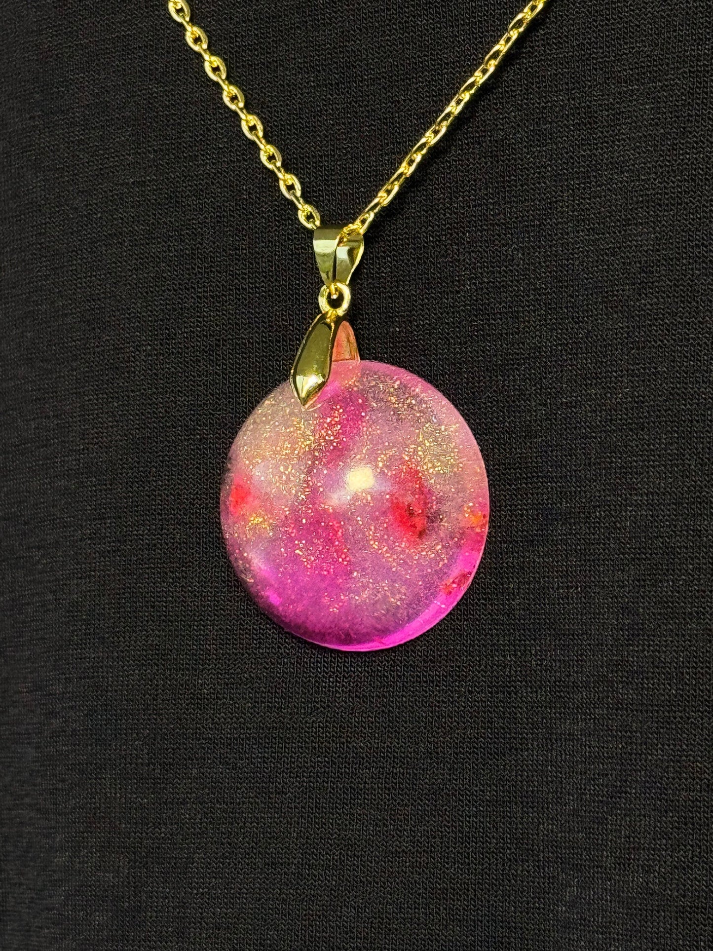 Red Dried Flowers Pink with Fine Gold Glitter Half Sphere Epoxy Resin Long Gold Chain Pendant