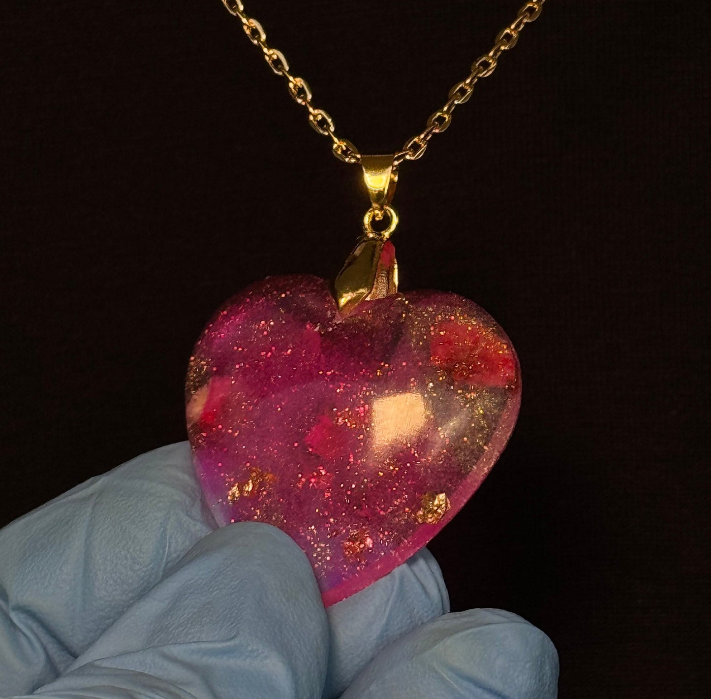 Dried Red Flowers with Gold Leaf & Fine Glitter in Pink Heart Epoxy Resin Long Gold Chain Pendant