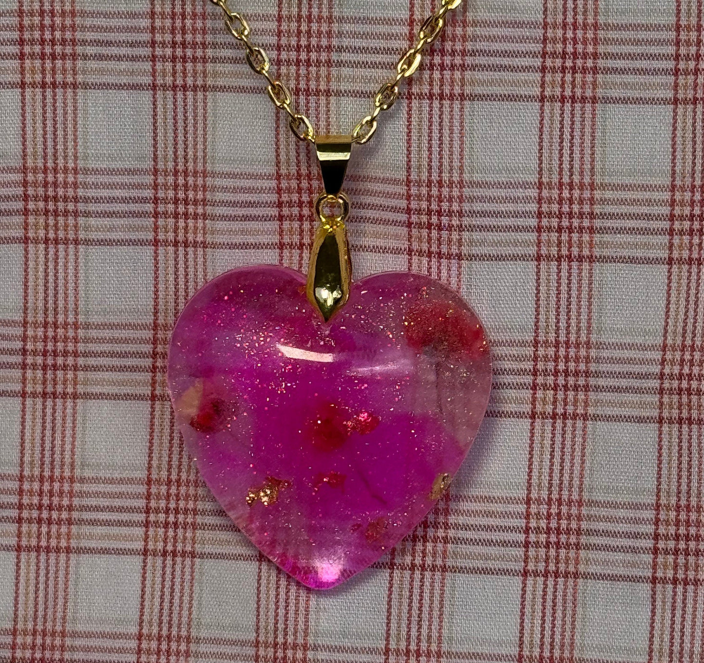 Dried Red Flowers with Gold Leaf & Fine Glitter in Pink Heart Epoxy Resin Long Gold Chain Pendant