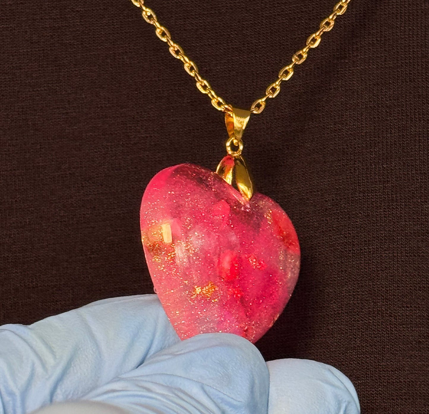 Dried Red Flowers with Gold Leaf & Fine Glitter in Pink Heart Epoxy Resin Long Gold Chain Pendant