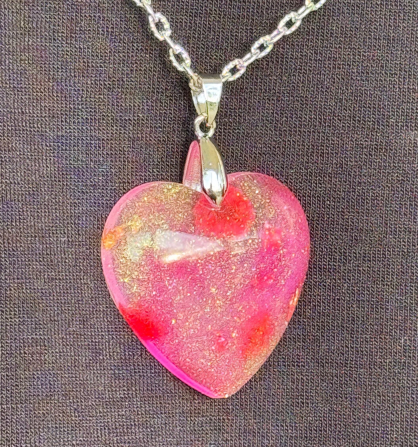 Dried Red Flowers with Gold Leaf & Fine Glitter in Pink Heart Epoxy Resin Long Silver Chain Pendant