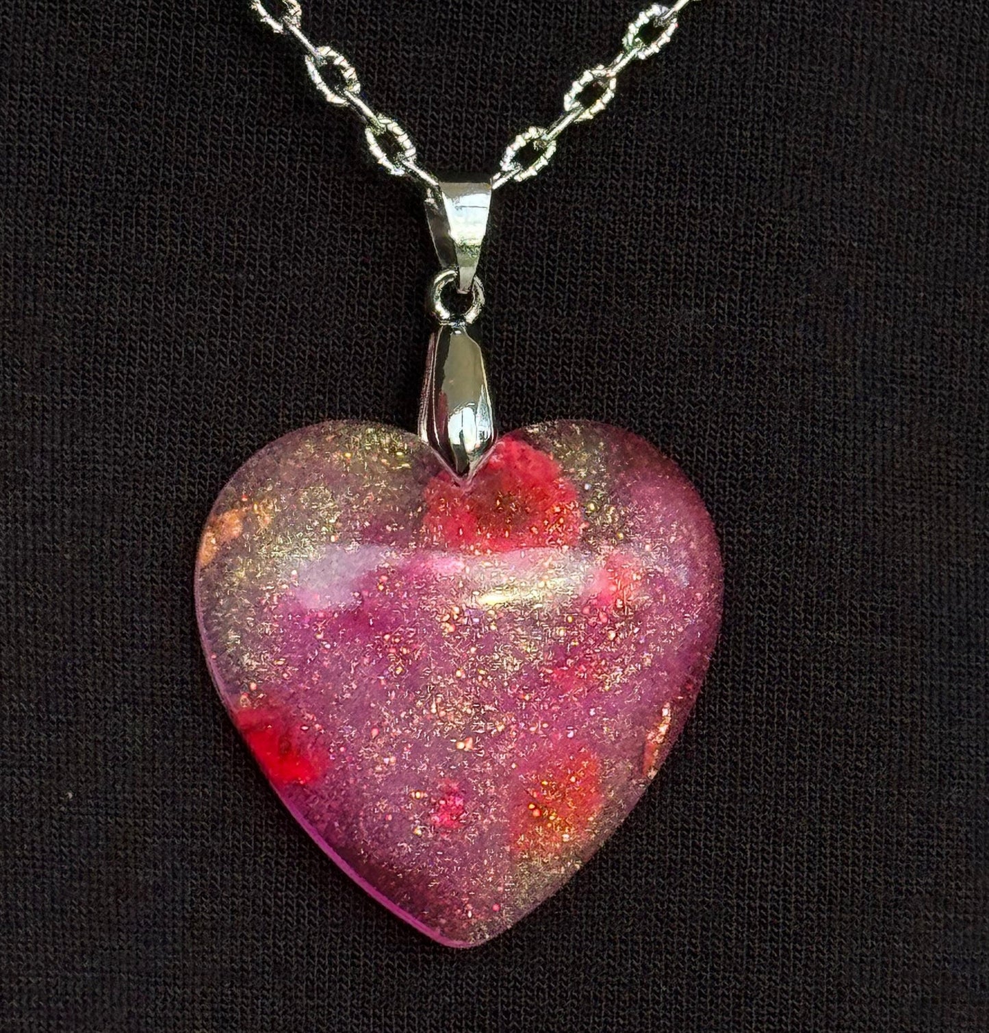 Dried Red Flowers with Gold Leaf & Fine Glitter in Pink Heart Epoxy Resin Long Silver Chain Pendant