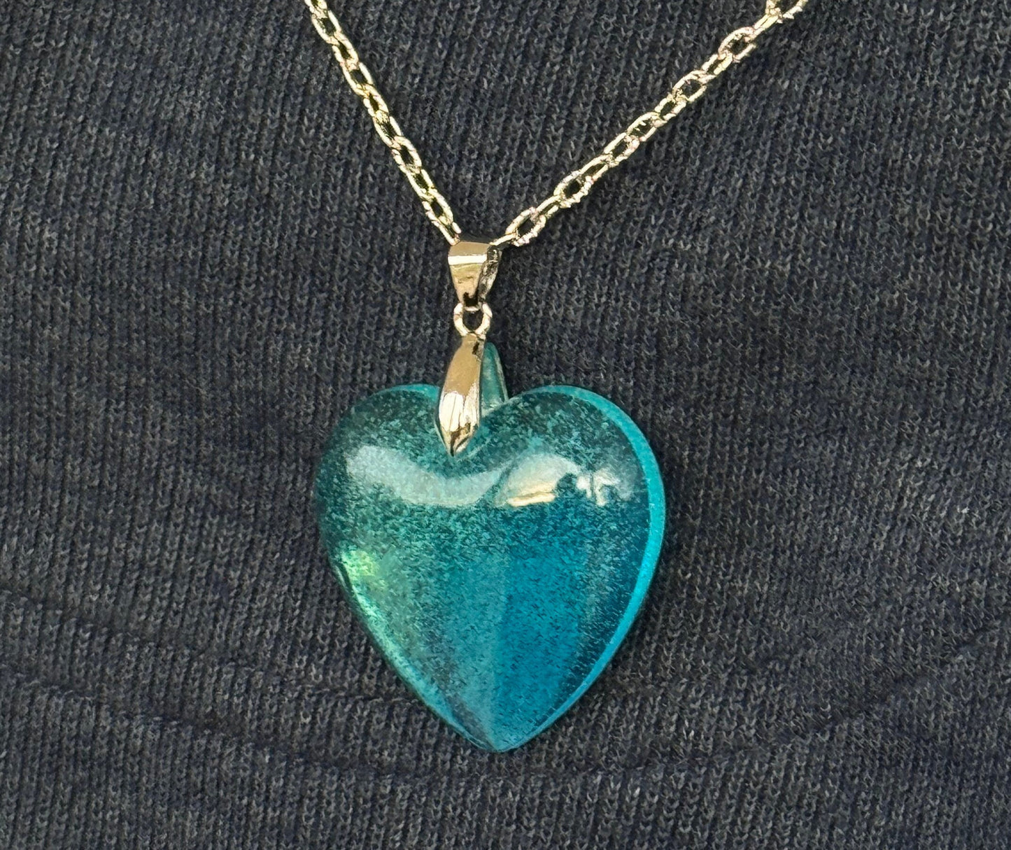 Translucent Ocean Blue and Teal Swirl Heart Epoxy Resin Long Silver Chain Pendant