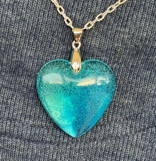 Translucent Ocean Blue and Teal Swirl Heart Epoxy Resin Long Silver Chain Pendant