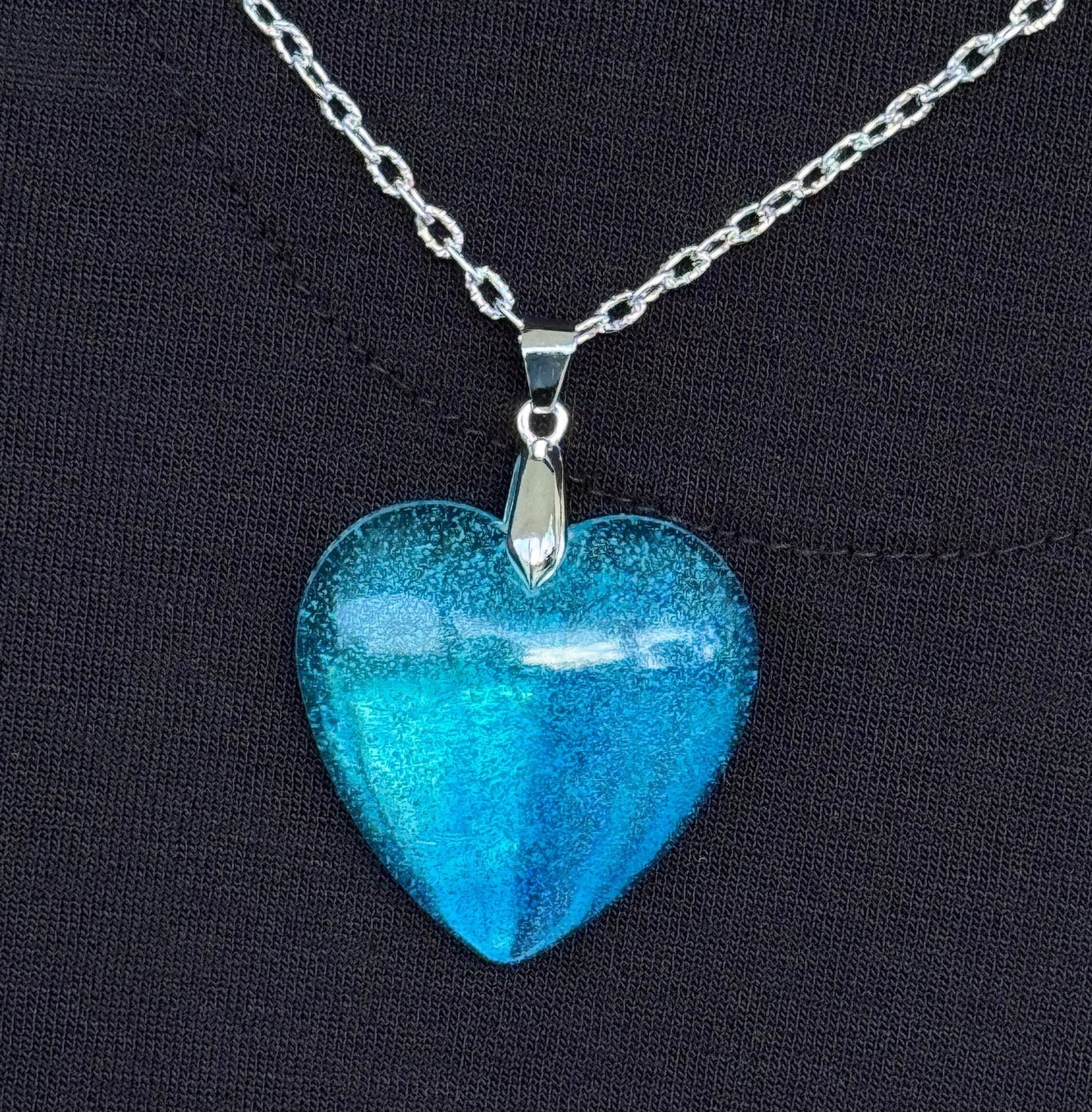 Translucent Ocean Blue and Teal Swirl Heart Epoxy Resin Long Silver Chain Pendant