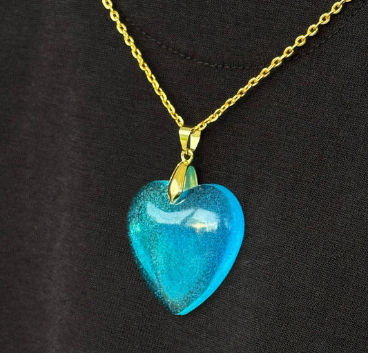 Translucent Ocean Blue and Teal Swirl Heart Epoxy Resin Long Gold Chain Pendant