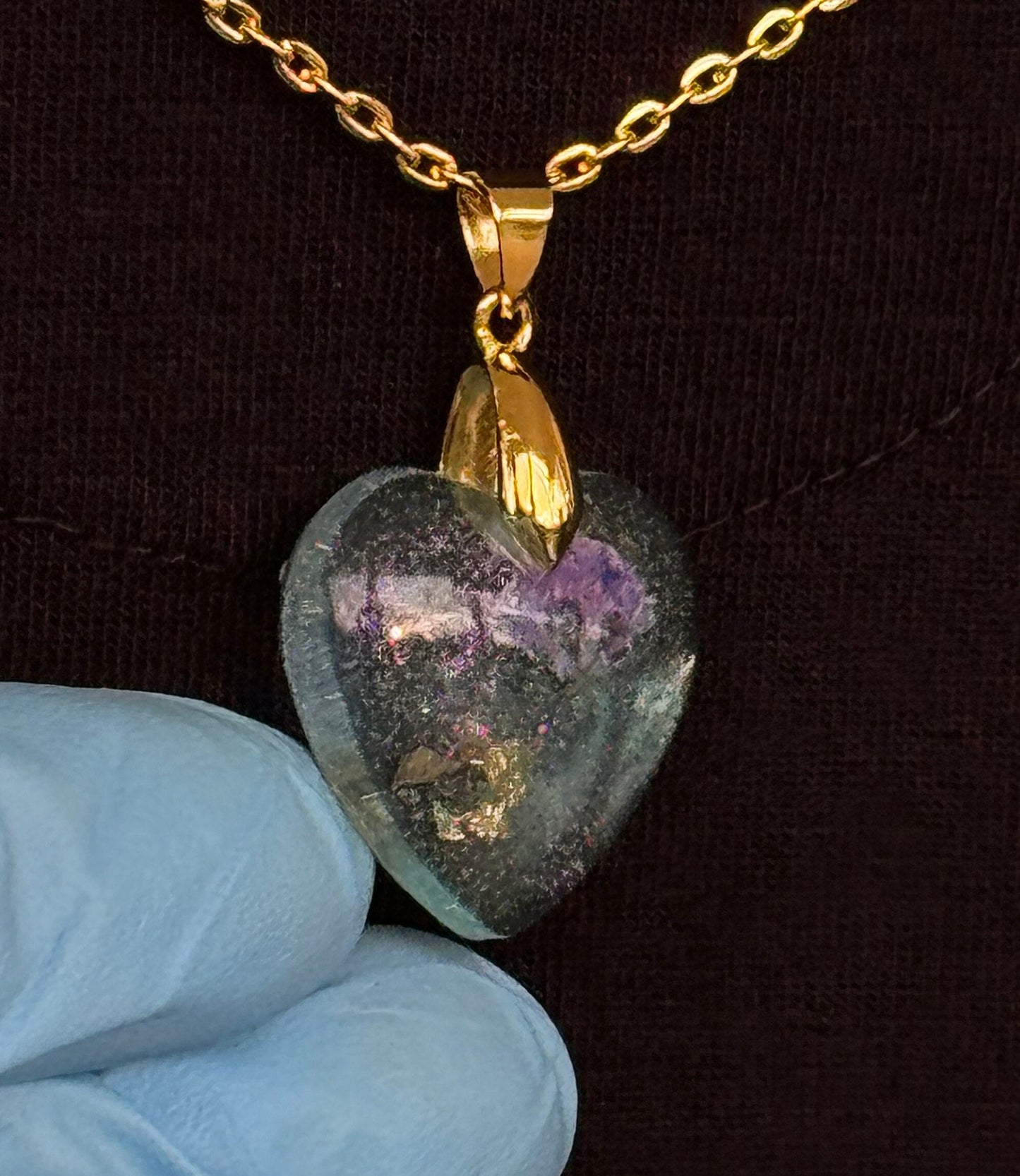 Dried Purple Flower Translucent Blue Heart with Gold Leaf Epoxy Resin Long Gold Chain Pendant