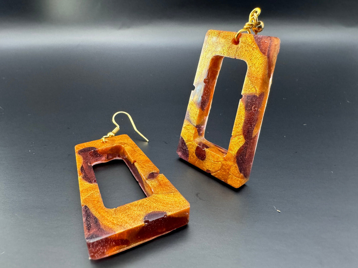 Hollow Rectangle with Translucent Purple & Metallic Gold Drop Epoxy Resin Earrings with Gold Hooks