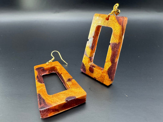 Hollow Rectangle with Translucent Purple & Metallic Gold Drop Epoxy Resin Earrings with Gold Hooks