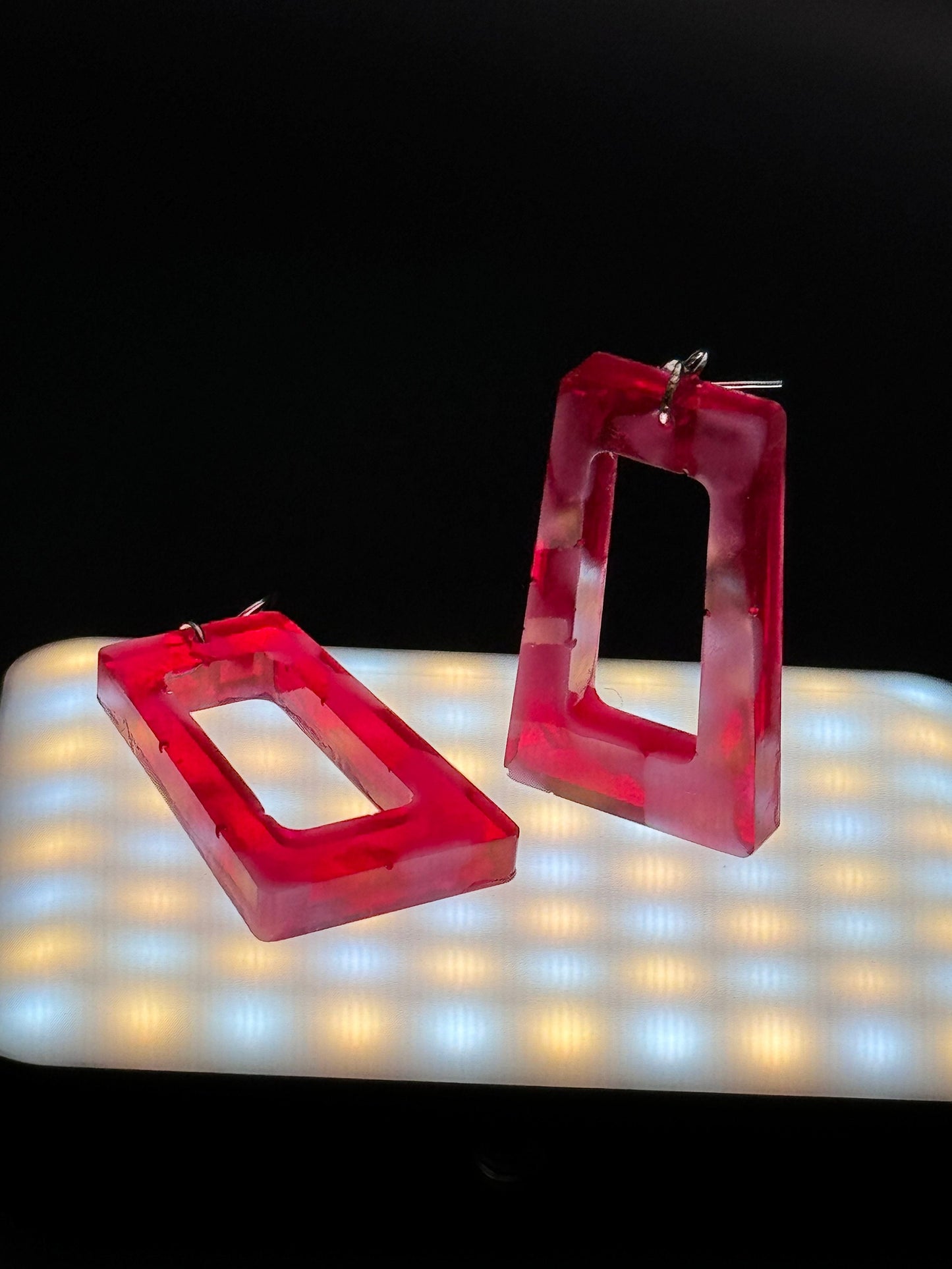 Red & White Cow Print Hollow Rectangle Drop Epoxy Resin Earrings with Silver Hooks