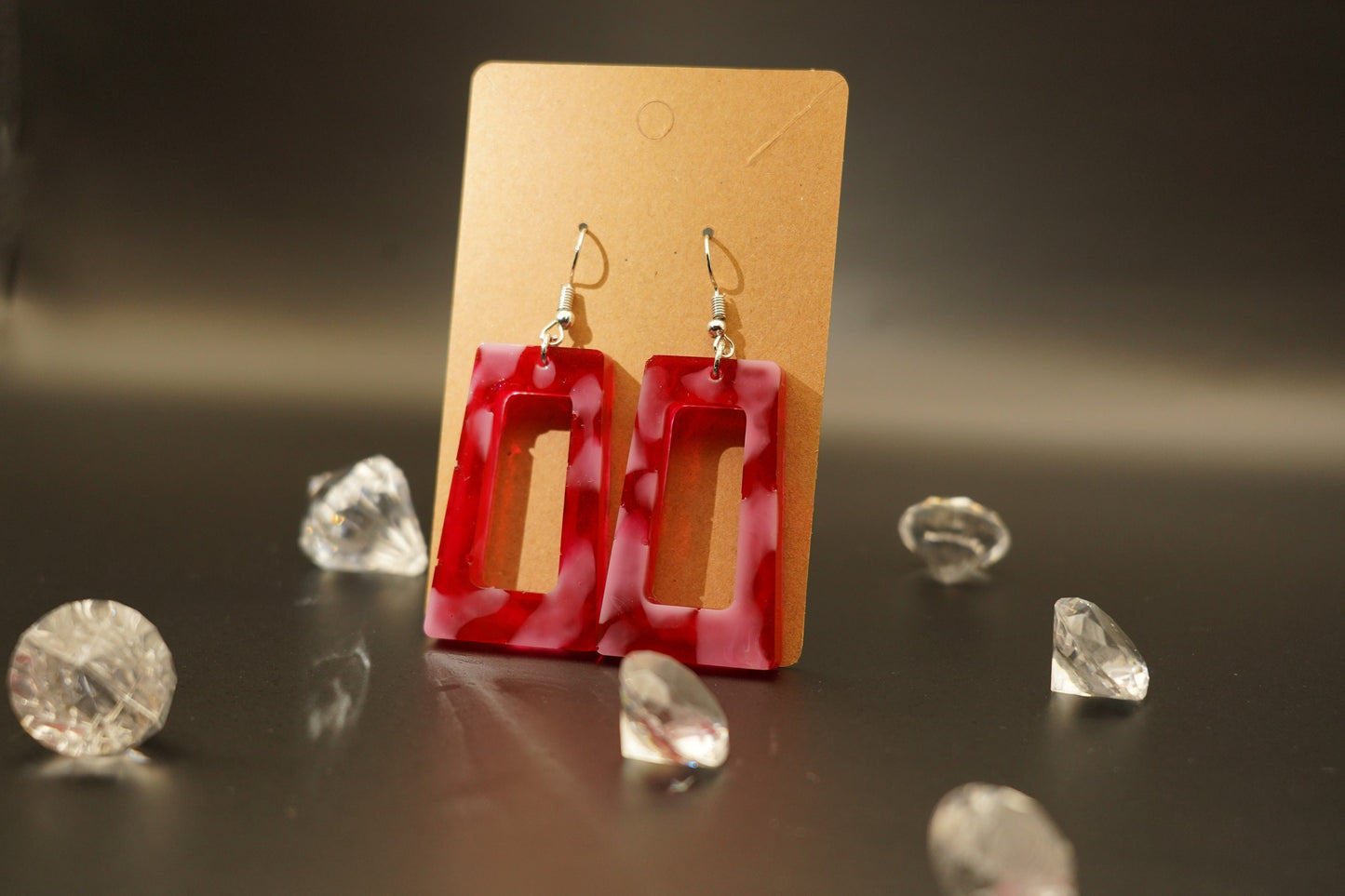 Red & White Cow Print Hollow Rectangle Drop Epoxy Resin Earrings with Silver Hooks