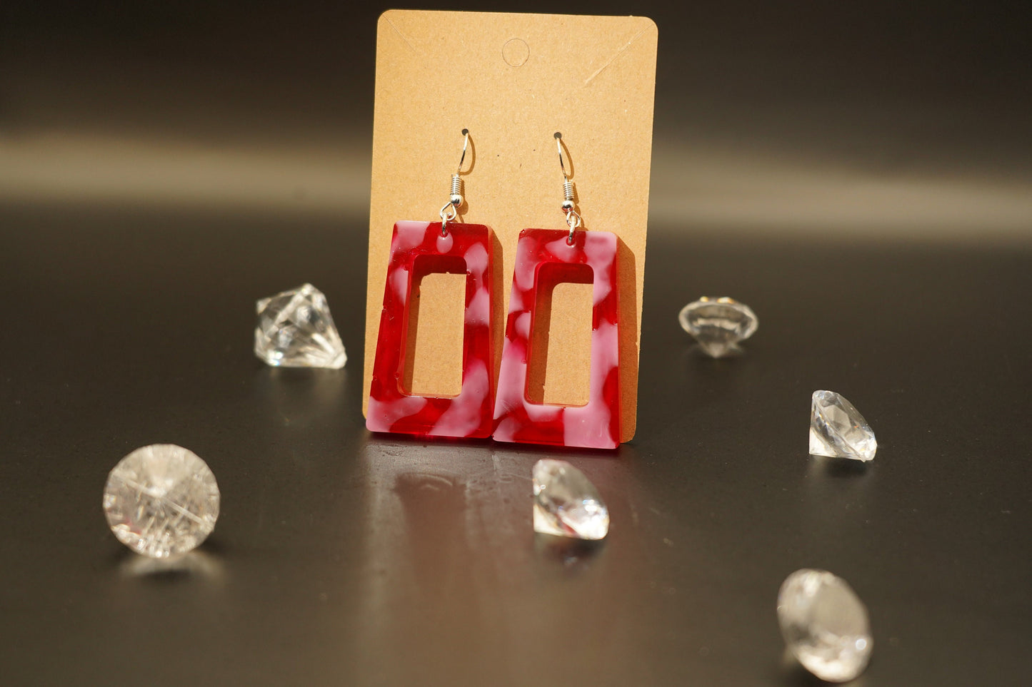 Red & White Cow Print Hollow Rectangle Drop Epoxy Resin Earrings with Silver Hooks