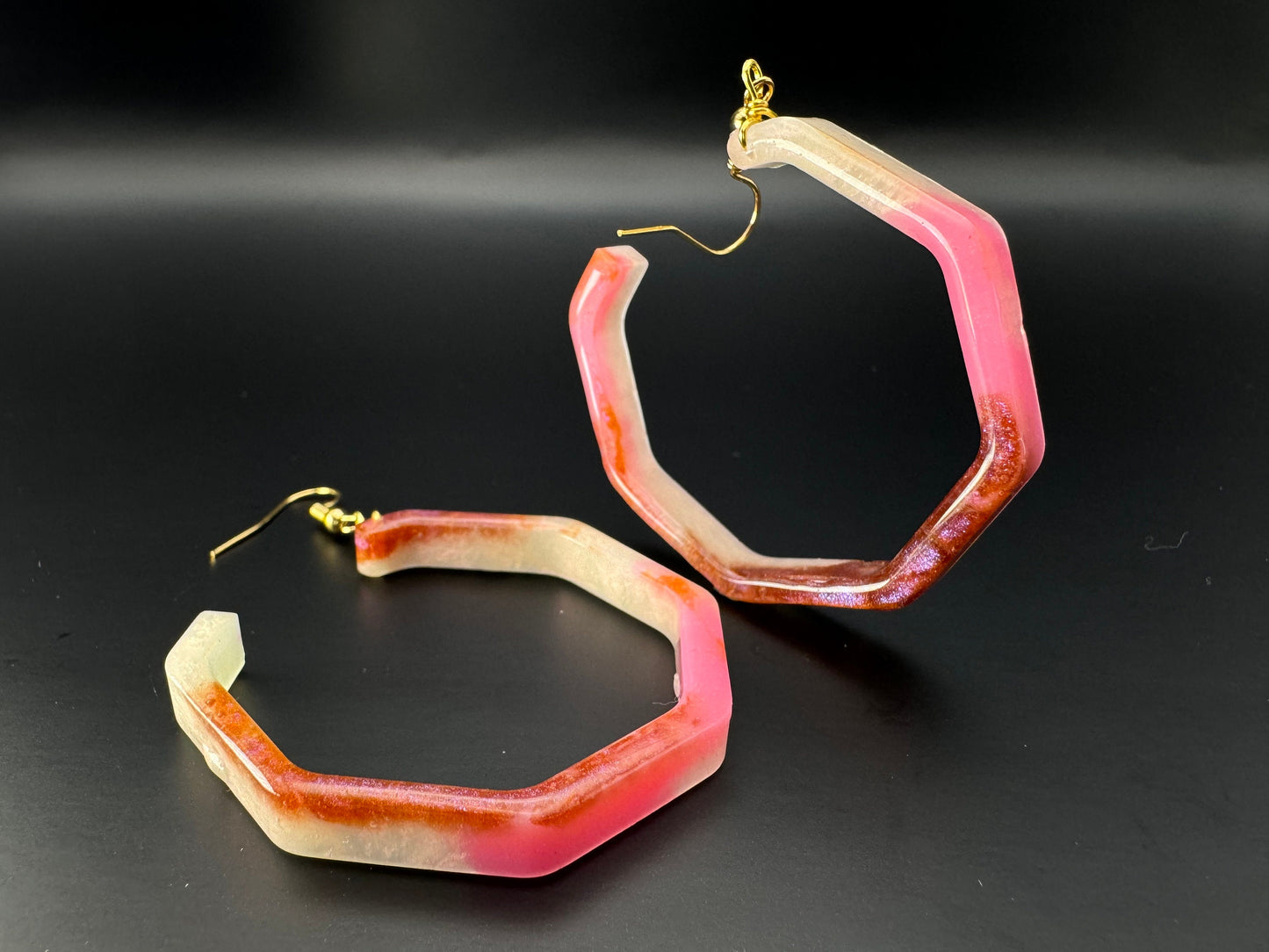 Hexagonal Circle Red Pink White Orange Chameleon Flake Handmade Epoxy Resin Earrings with Gold Hooks