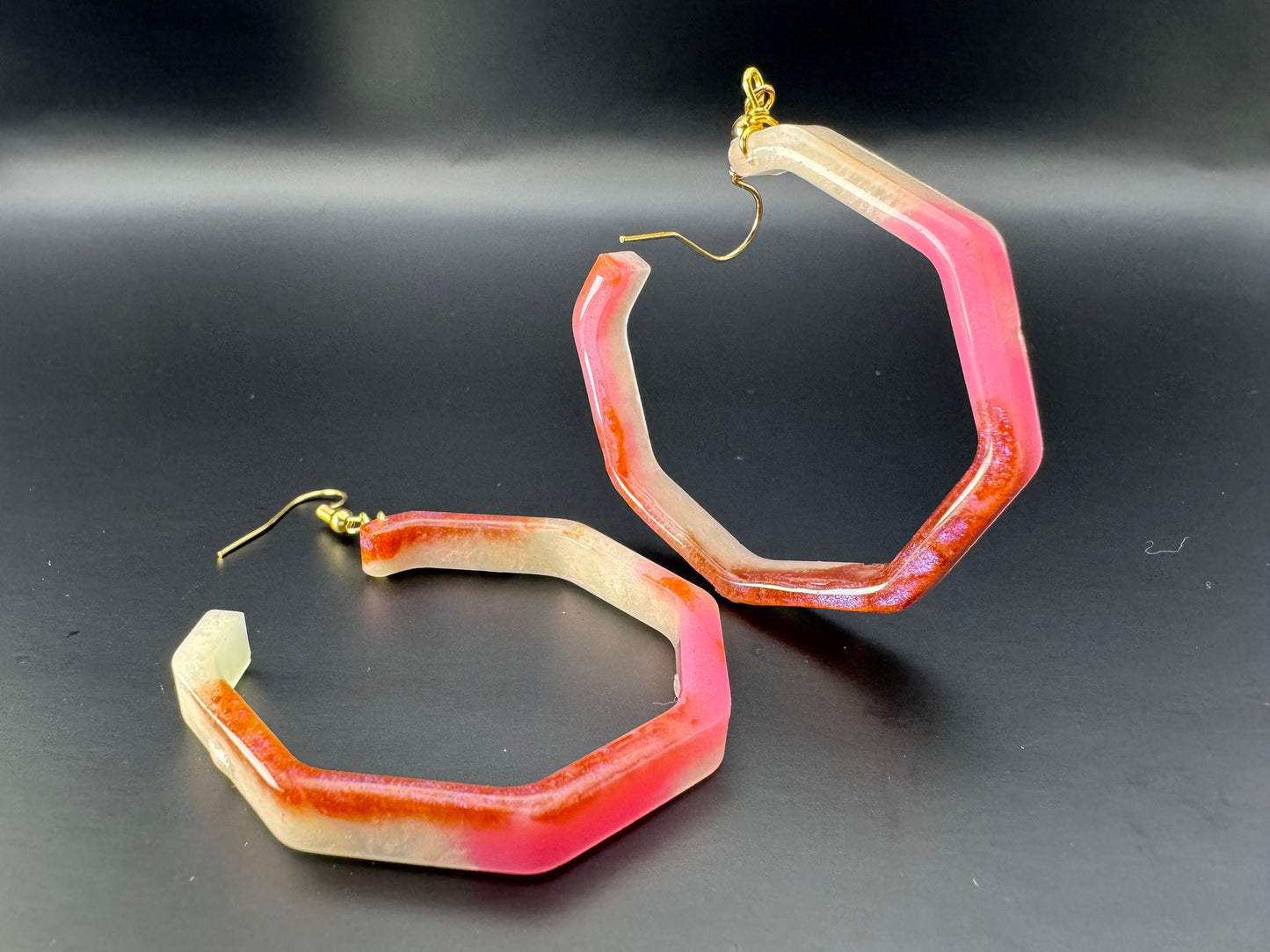 Hexagonal Circle Red Pink White Orange Chameleon Flake Handmade Epoxy Resin Earrings with Gold Hooks