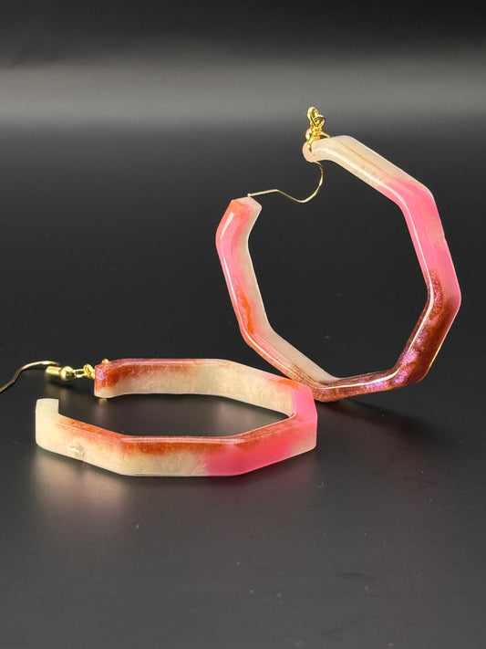 Hexagonal Circle Red Pink White Orange Chameleon Flake Handmade Epoxy Resin Earrings with Gold Hooks