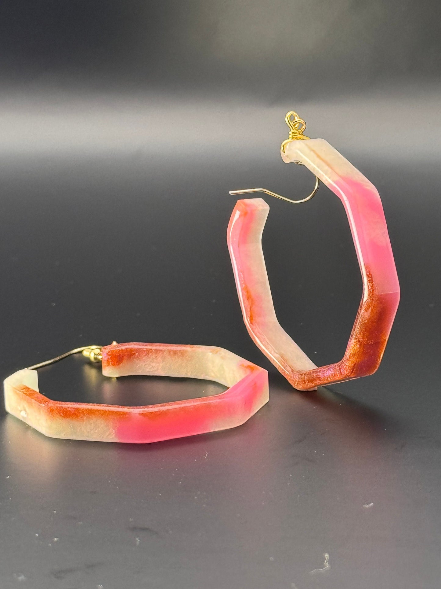 Hexagonal Circle Red Pink White Orange Chameleon Flake Handmade Epoxy Resin Earrings with Gold Hooks