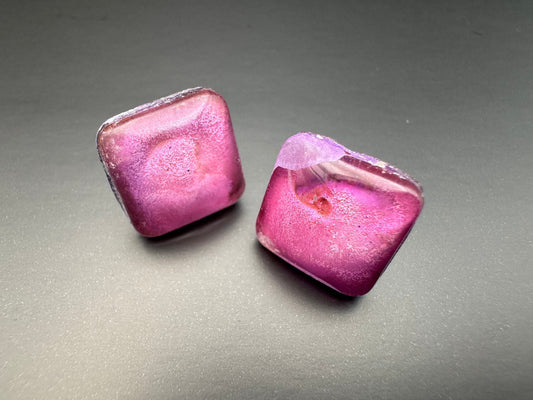 Small Pink White Purple Rounded Square Petri Dish Stud Epoxy Resin Earrings with Gold Studs