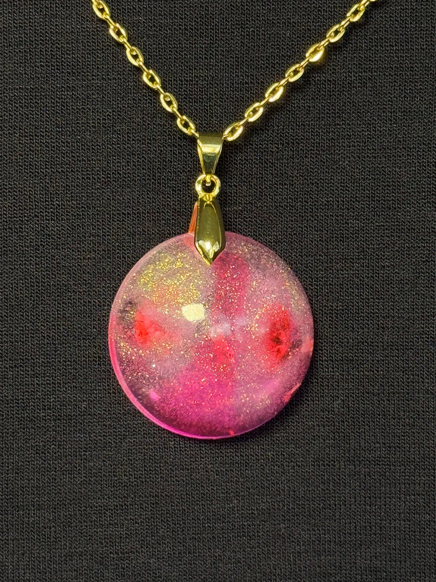 Red Dried Flowers Pink with Fine Gold Glitter Half Sphere Epoxy Resin Long Gold Chain Pendant