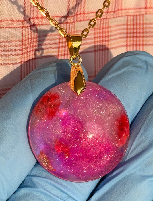 Red Dried Flowers Pink with Gold Flake & Fine Glitter Half Sphere Epoxy Resin Long Gold Chain Pendant