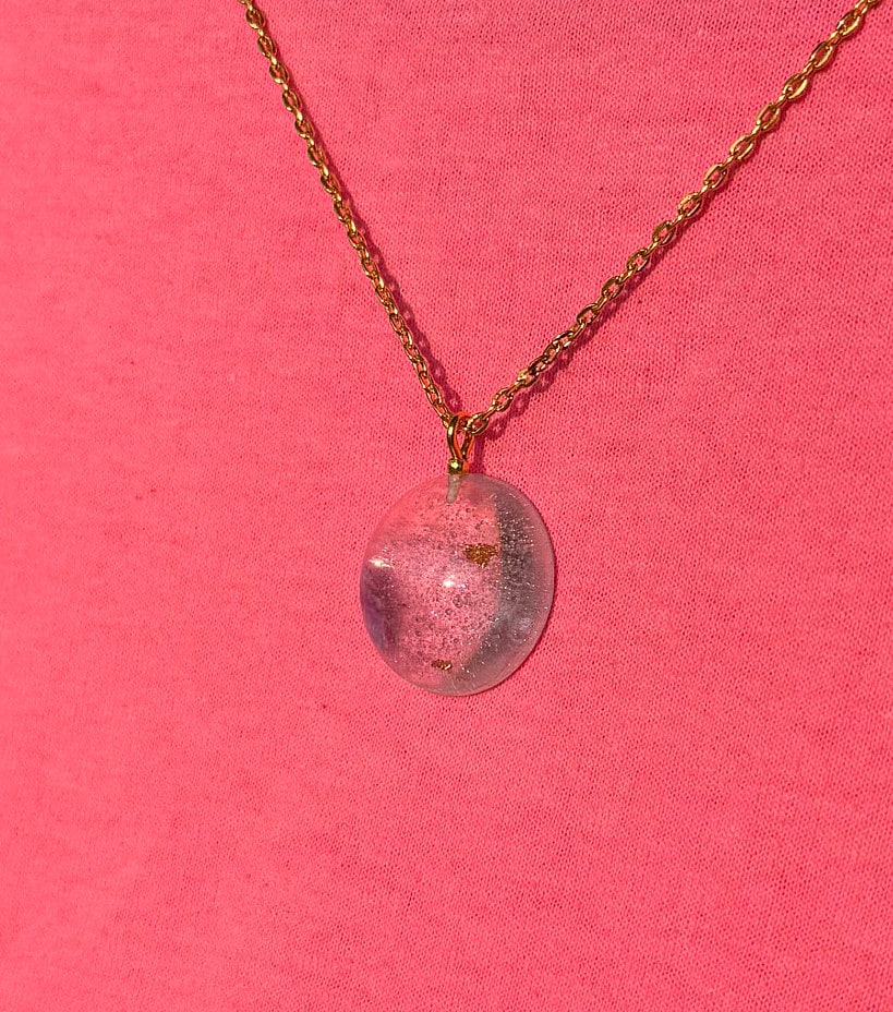 Dried Purple Flower and Gold Flake Clear Half Sphere Pendant with Long Chain