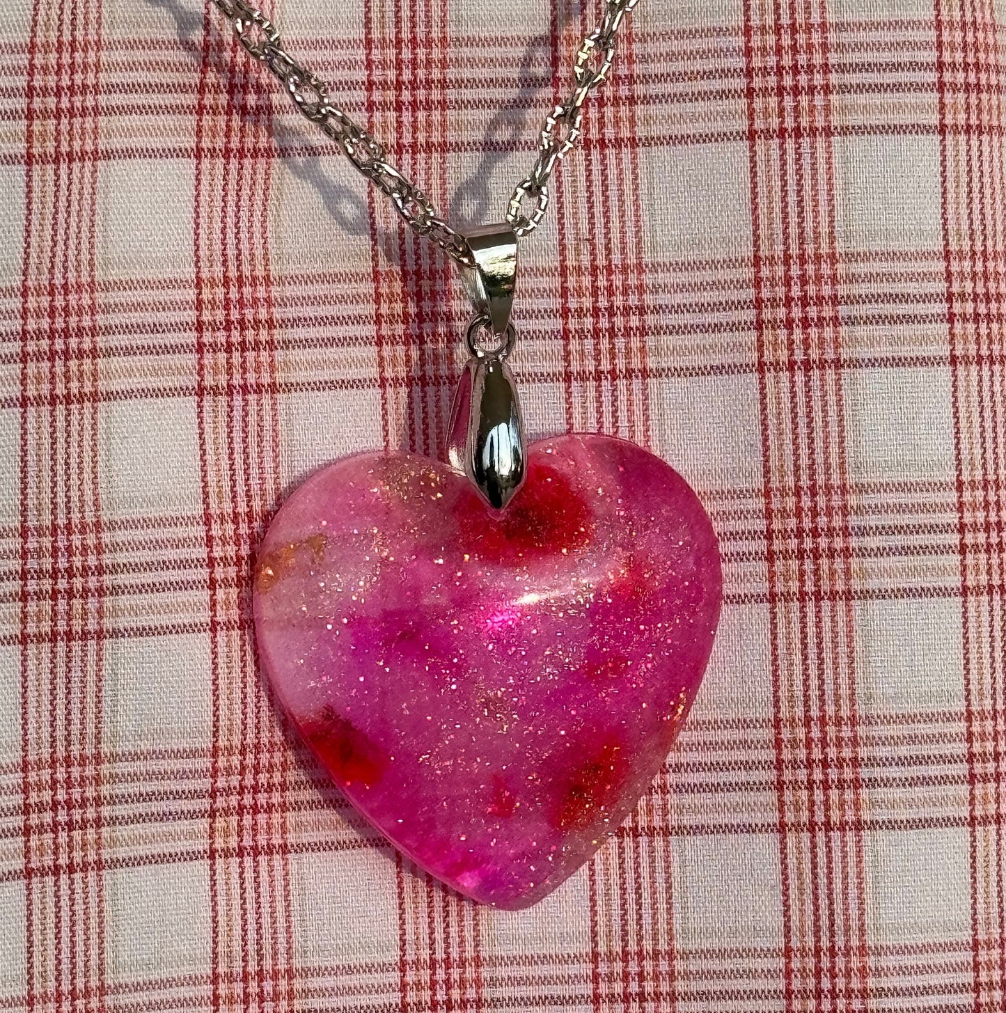 Dried Red Flowers with Gold Leaf & Fine Glitter in Pink Heart Epoxy Resin Long Silver Chain Pendant