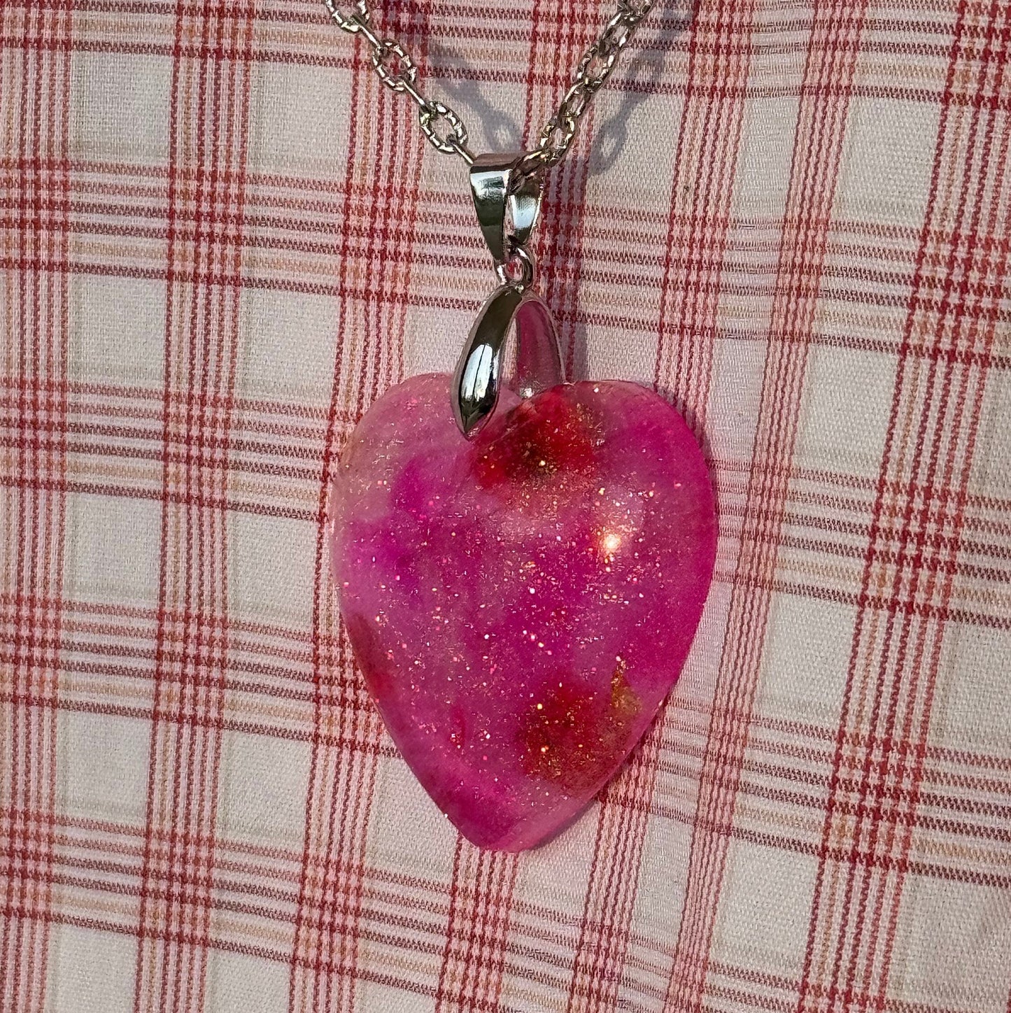 Dried Red Flowers with Gold Leaf & Fine Glitter in Pink Heart Epoxy Resin Long Silver Chain Pendant