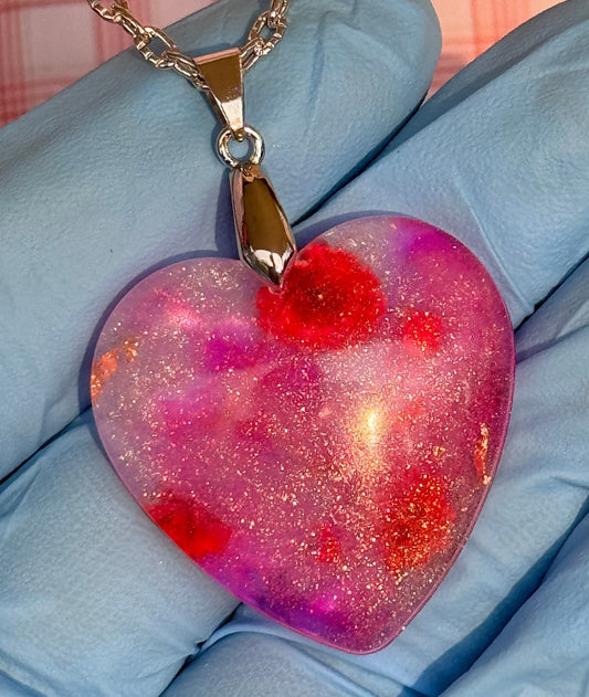 Dried Red Flowers with Gold Leaf & Fine Glitter in Pink Heart Epoxy Resin Long Silver Chain Pendant