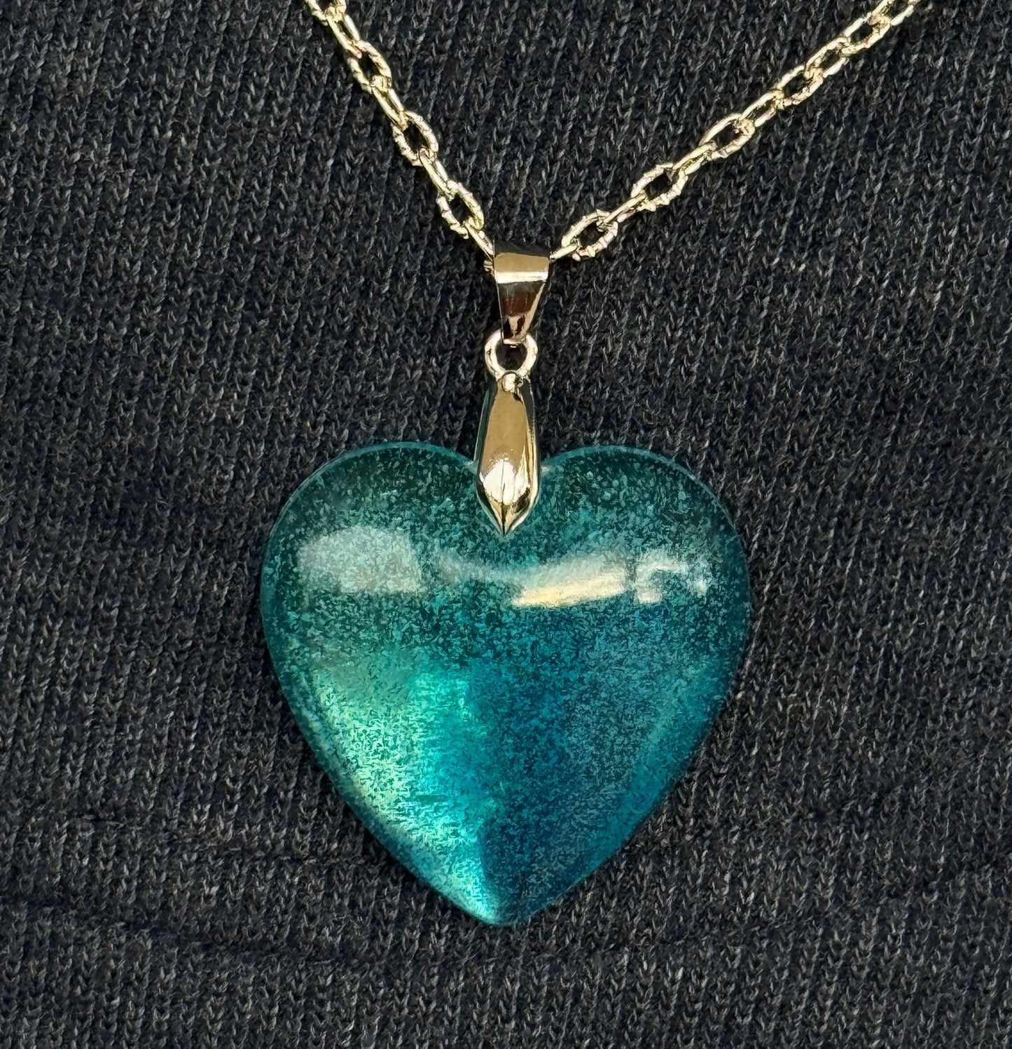 Translucent Ocean Blue and Teal Swirl Heart Epoxy Resin Long Silver Chain Pendant