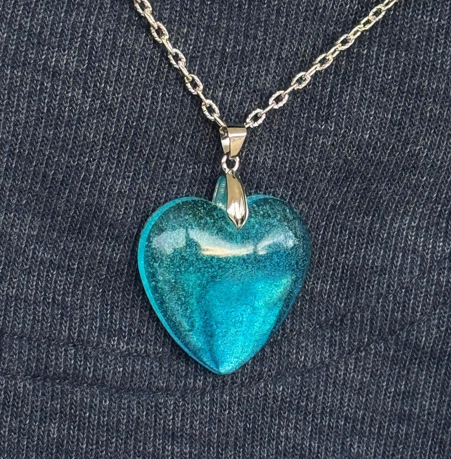 Translucent Ocean Blue and Teal Swirl Heart Epoxy Resin Long Silver Chain Pendant