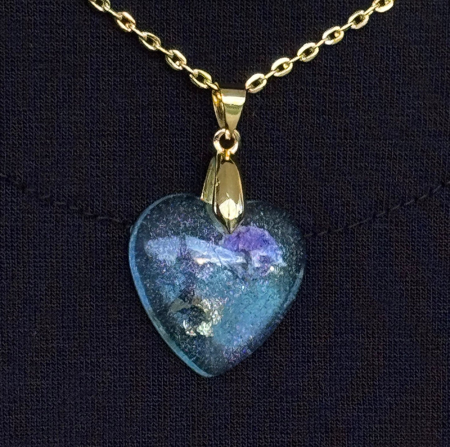 Dried Purple Flower Translucent Blue Heart with Gold Leaf Epoxy Resin Long Gold Chain Pendant